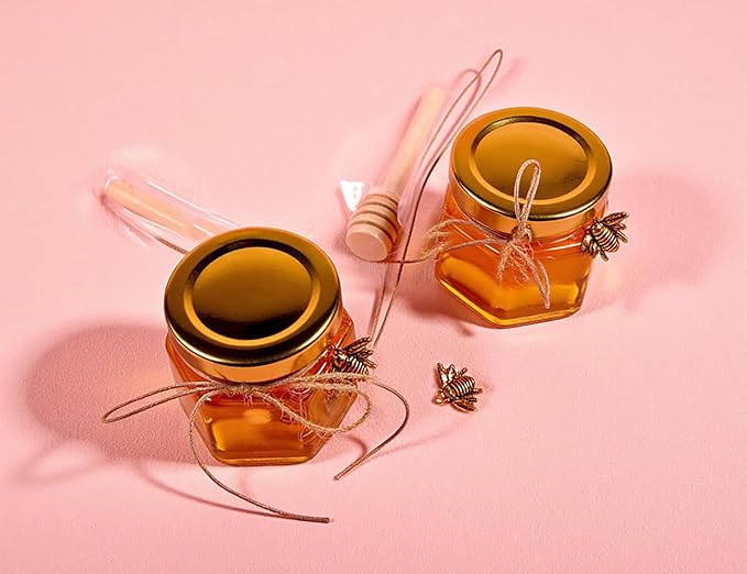 Adabocute Honey Pot, Mini Glass Honey Jars with Wood Dipper, Gold Lid, Bee Charms, Gold Organza Bags, Thank-you Tags, Ideal for Baby Showers Wedding Favors Party Favors, 2oz 30 Pack