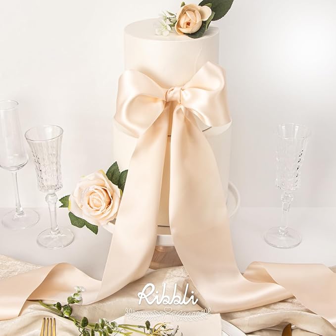 Ribbli Champagne Pink Satin Ribbon 4 Inch Wide Champagne Ribbon for Wedding Chair Sash Grand Opening Ceremony Big Bows Gift Wrapping Floral Crafts Cake Decor-Double Faced Satin Continuous 10 Yards