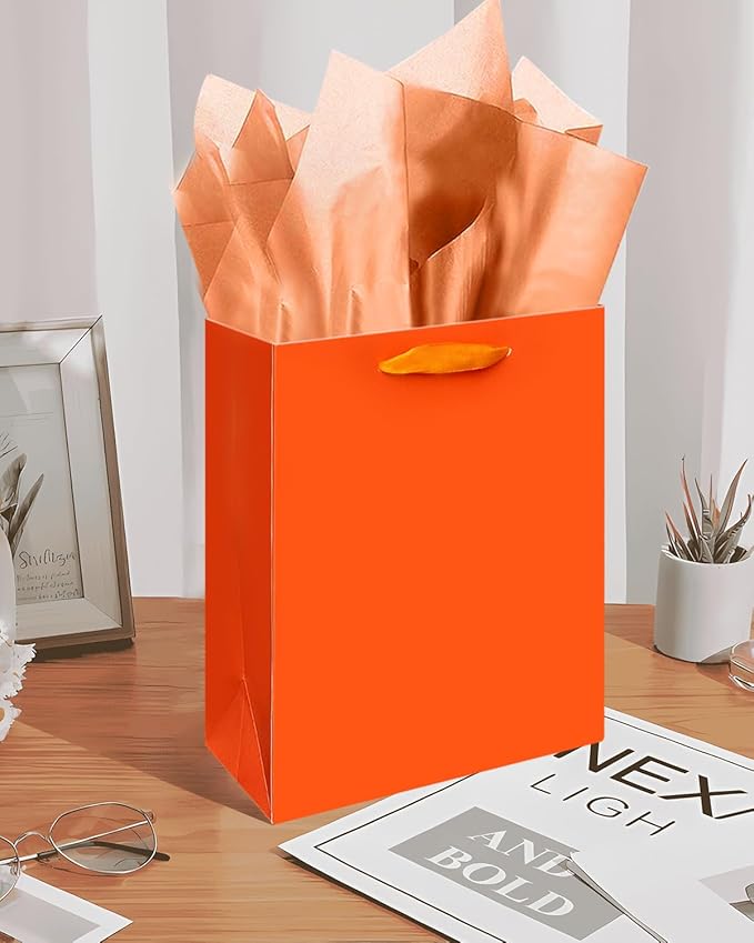Gcardist Dark Orange Gift Bags with Tissue Paper for Wedding, Birthday, Party Supplies-7.9"x4.3"x9.6" Medium Size Cardboard Gift Bags（5pcs Bags +10pcs Tissue Paper ）