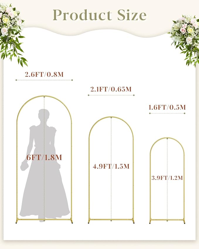 Wedding Arch Set of 3, Gold Metal Arch Backdrop Stand, Balloon Arch Stand Wedding Arch Frame for Ceremony Decoration (Gold, 6FT, 5FT, 4FT Backdrop)