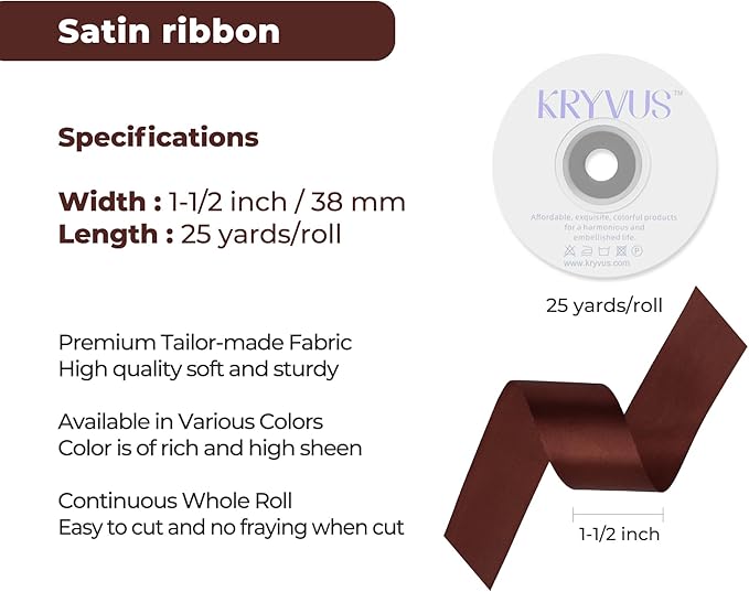 Coffee Brown Satin Ribbon 1-1/2 inch X Continuous 25 Yards, Single Face Polyester Ribbon Perfect for Gift Wrapping, Flower Bouquet, Wedding Decor, Crafts, Bow Making, Sewing and More
