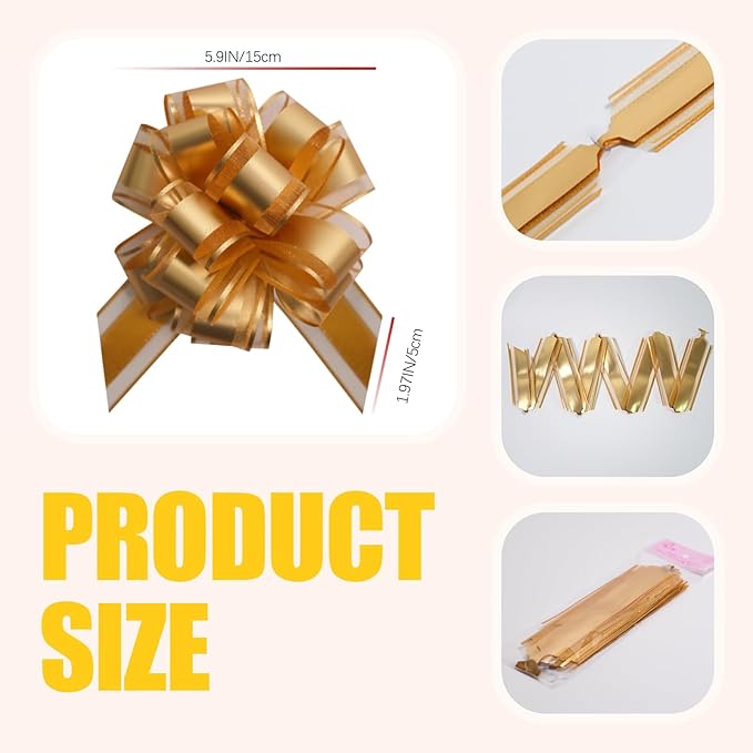 6 PCS 6 Inch Organza Golden Pull Bows - Perfect for Gift Wrapping, Wedding Decor, Car Bows, Birthday Parties, Christmas, and Valentine's Day