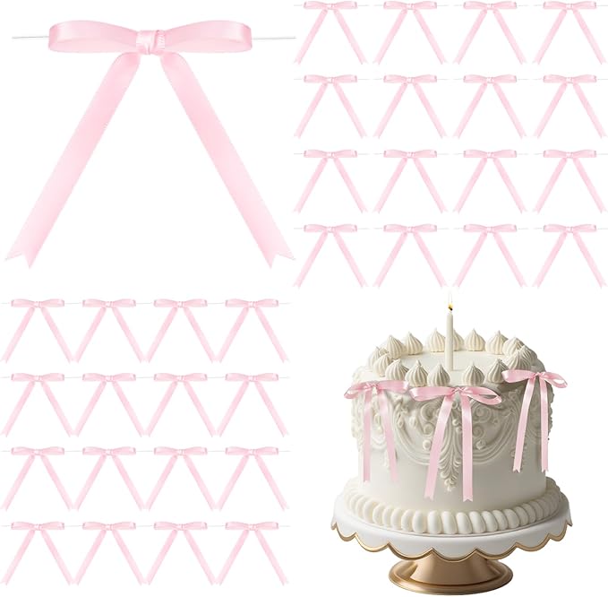 Riceshoot 50 Pcs Twist Tie Bows for Cake 3x4.5 Inch Satin Ribbon Bows for Gift Wrapping Treat Bags Craft DIY Wedding Baby Shower Birthday Party(Pink)