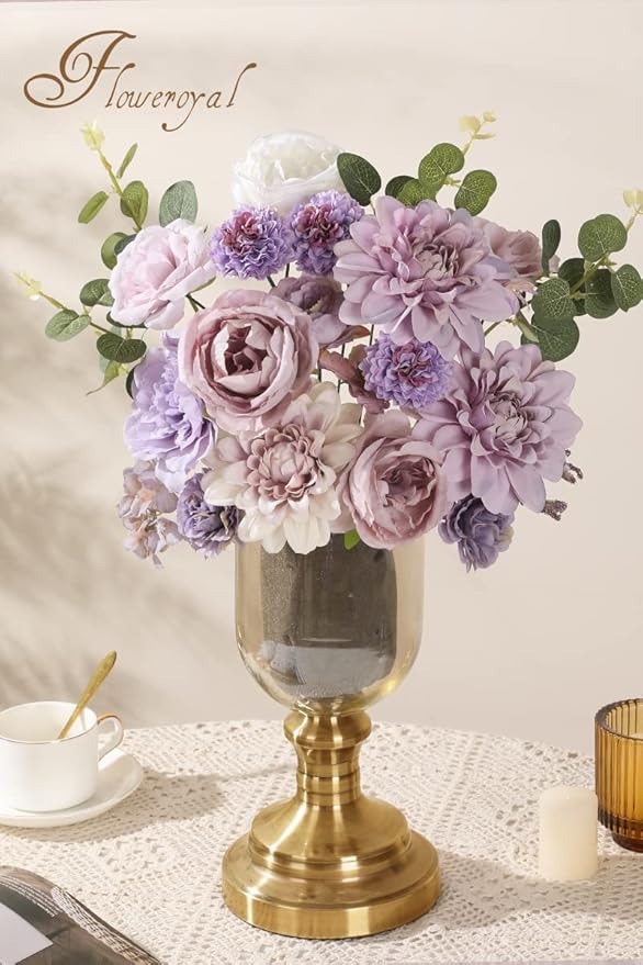 Floweroyal Artificial Flowers Combo Purple Flowers Mix Silk Flowers Dahlia Roses with Stems for DIY Wedding Bridal Bouquets, Baby Shower, Floral Arrangement, Table Centerpieces, Home Decorations.
