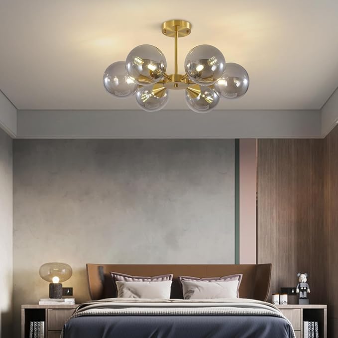 KCO 6-Lights Mid Century Modern Globe Ceiling Light Gold Sputnik Chandelier Smoke Gray Glass, Home Office