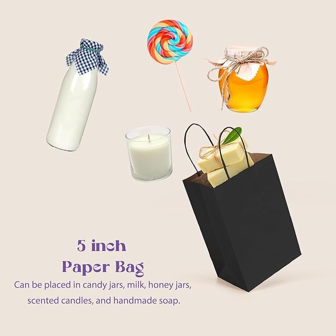 MESHA Gift Paper Bags 500 PACK 5.25x3.75x8'' Black Medium Shopping Kraft Bags Bulk with Handles Reusable for Business,Grocery,Birthday,Wedding,Kids Party,Favors