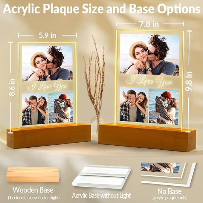 Personalized Anniversary Couple Gifts for Women & Men, Custom Picture Frames with Photo, Personalized Photo Frame with Night Light, Custom Birthday Gifts for Her Him Girlfriend Boyfriend