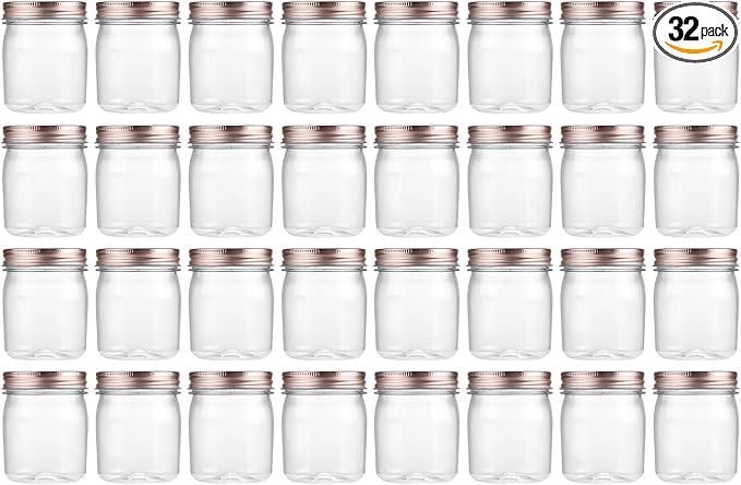 novelinks 8 oz Clear Plastic Jars with Screw-On Lids - BPA-Free Refillable Storage Containers for Slime, Spices, Crafts, Kitchen & Home Organization (32 Pack,Rose Gold)