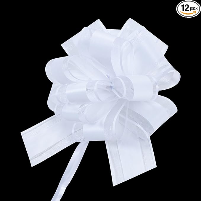 12 PCS 6 Inch Large Pull Organza White Bows - Perfect for Gift Wrapping, Wedding Decor, Car Bows, Birthday Parties, Christmas and Valentine's Day