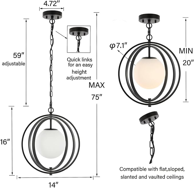 Black Orb Chandelier 1 Light Globe Pendant Light Fixtures White Globe Glass Shade Hanging Ceiling Light for Dining & Living Room, Bedroom, Foyer and Kitchen Island