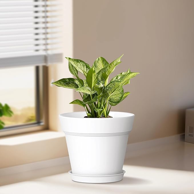 7 Inch Thick Plastic Plant Pots with Drainage Holes and Trays – 6 Pack Nursery Pots for Indoor & Outdoor House Plants, Seedling Starter Planters for Garden Flowers, Colorful