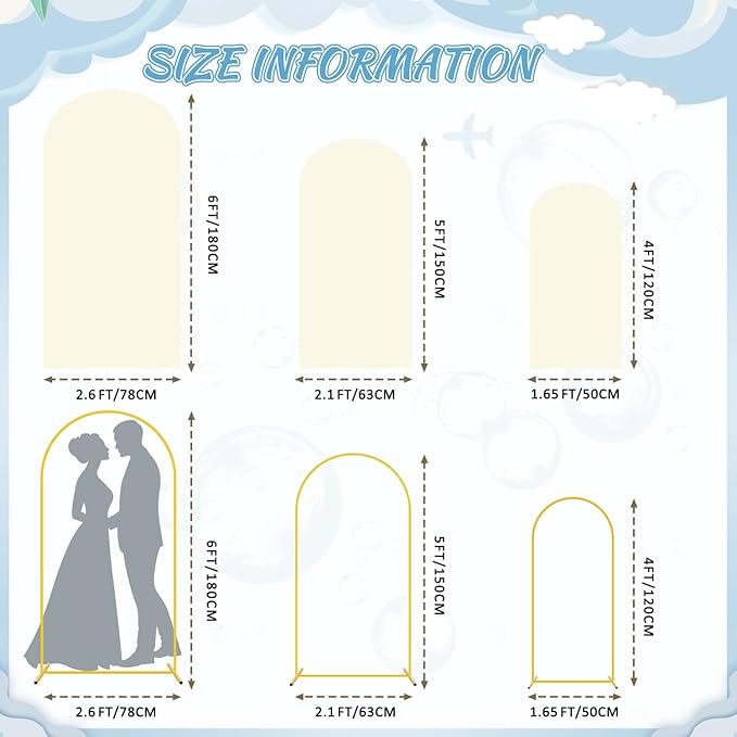 FOTSHARER Wedding Arch Backdrop Stand and Cover Set of 3 Metal Balloon Arch Stand with Ivory Arch Cover 6FT, 5FT, 4FT Arch Backdrop Stand for Party Birthday Anniversary Arched Background Decorations