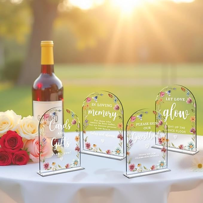 4 Pcs Acrylic Wedding Signs for Reception, Bridal Shower Decorations, Cards and Gifts Signs, Guest Book Sign, Arch Acrylic Table Top Sign with Holder for Wedding Reception (Clear Wildflowers)