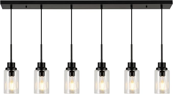 6 Lights Island Lights for Kitchen Modern Industrial Black Linear Chandeliers with Clear Glass Shade for Dining Room Kitchen Long Finish Ceiling Lighting Fixtures