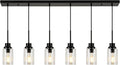 6 Lights Island Lights for Kitchen Modern Industrial Black Linear Chandeliers with Clear Glass Shade for Dining Room Kitchen Long Finish Ceiling Lighting Fixtures