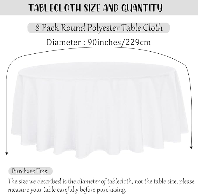Fivenl 8 Pack Round Tablecloth 90 Inch Round Table Covers Bulk Washable Polyester Fabric Round Table Clothes for Wedding Party Reception Banquet Buffet Restaurant (White, 90 Inch)