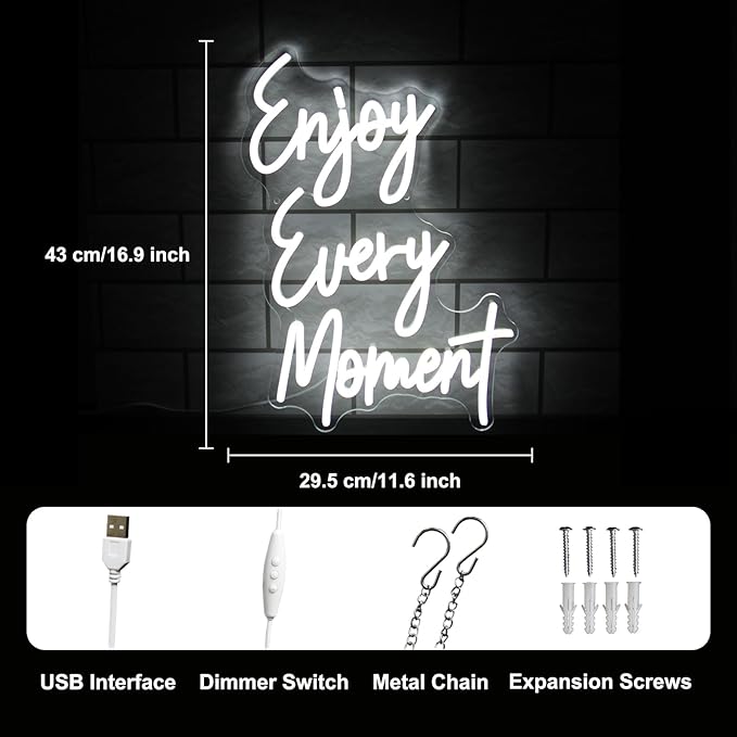 Enjoy Every Moment Neon Signs for Wall White Letter Neon Lights LED Letter Sign Dimmable Words Light Up Signs for Bedroom Bar Restaurant Salon Party Decor