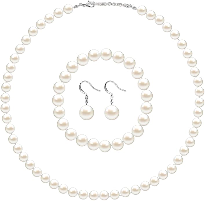 4 Pcs 1920s Faux Pearl Costume Jewelry Set for Women Halloween Simulated Necklace Bracelet Earrings for Wedding