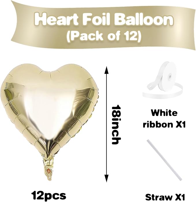 Champagne Gold Heart Balloons,12Pcs 18 Inch Light Gold Foil Love Heart Shaped Balloons for Pastel Yellow Birthday Party Wedding Engagement Anniversary Baby Shower Valentines Day Decorations