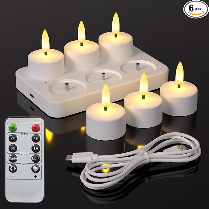 Flameless Tea Lights Candles with Charging Station, LED Tea Lights Candles with Remote Control Timer for Wedding, Christmas, Halloween,Anniversary, Home Decor, 6-Pack