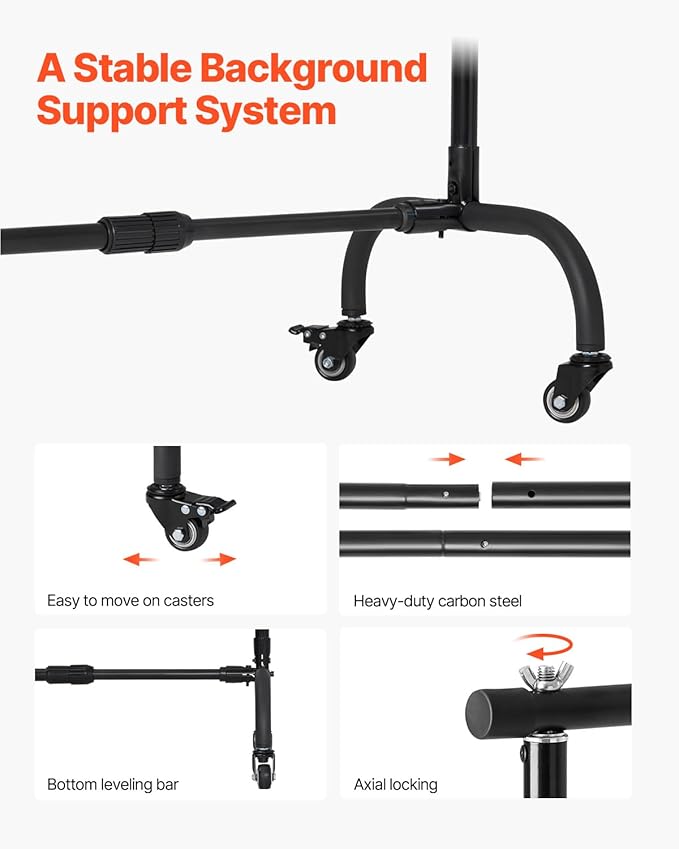 VEVOR Backdrop Stand with Wheels, 7 x 10 ft Adjustable Photo Backdrop Stand Kit, Moveable Background Backdrop Stand, Heavy Duty Projector Screen Stand, for Wedding, Photo Studio & Party