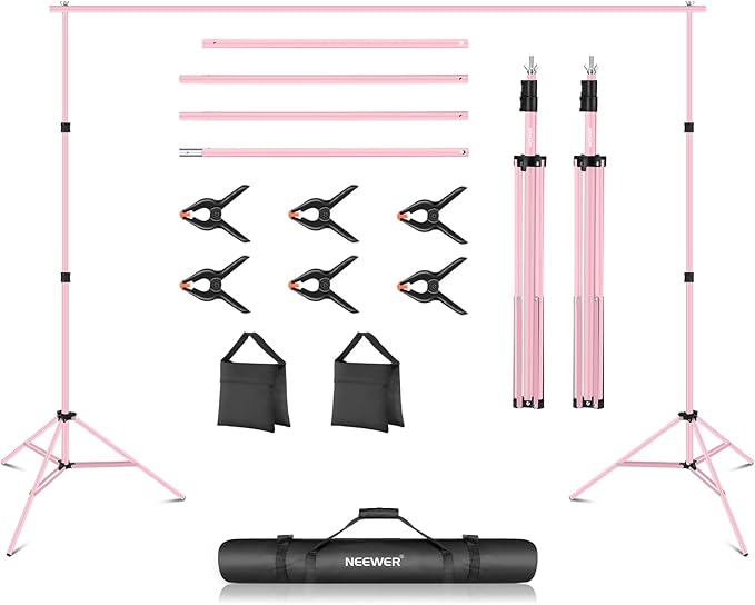 Neewer Photo Studio Backdrop Support System, 10ft/3m Wide 6.6ft/2m High Adjustable Background Stand with 4 Crossbars, 6 Backdrop Clamps, 2 Sandbags, and Bag for Portrait & Studio Photography-Pink