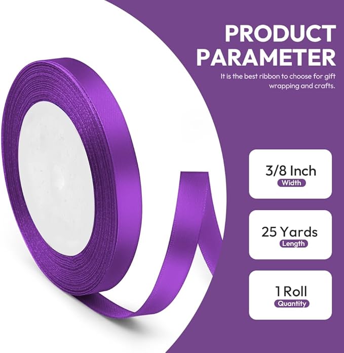 3/8" x 25 Yards Satin Ribbon, Purple Silk Ribbon Ideal for Gift Wrapping, Floral Bouquets, Crafts, Wedding Party Decorations, Christmas and Sewing Projects