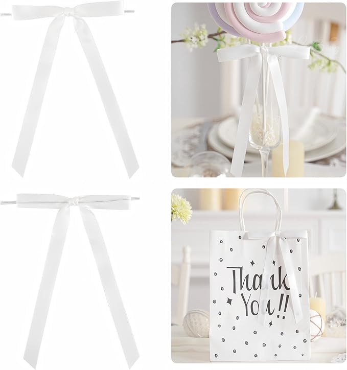 50 PCs White Bow 5 Inch Long Tail Bows for Gift Wrapping, Easter Bow Party Decorations, Twist Tie Bows, Satin Bows for Crafts, Premade Bows for Presents, Treat Bags, Bottles, Cakes
