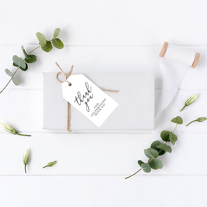 Andaz Press 100-Pack Thank You for Celebrating with Us Favor Tags Minimal Modern Cardstock Gift Tags with Bakers Twine for Wedding Baby Shower Bridal Shower Birthday Party Favors 2 x 3.75-Inches