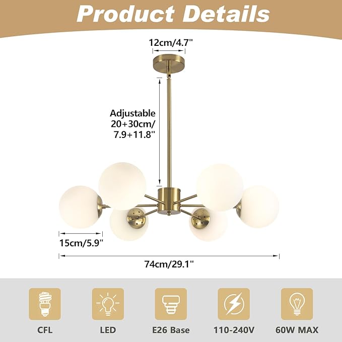 KCO 6-Light Globe Sputnik Chandelier Milk Glass Modern Gold Chandelier Light Fixture Mid Century Sputnik Chandeliers Pendant Lighting Brushed Brass Chandelier (Gold+White)