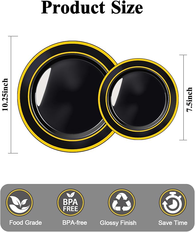 100PCS Black Plastic Plates Set with Gold Rim, 50 10.25 inch Dinner Plates and 50 7.5 inch Dessert Plates, Premium Disposable Plates forfor Party, Wedding, Holiday,And Halloween