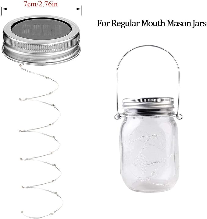 Solar Mason Jar Lights, 6 Pack 10 LED Jar Lid String Lights with 6 Hangers(No Jars), Waterproof Fairy Firefly Light for Garden, Patio, Outdoor, Yard, Lawn Decor(Cold White)