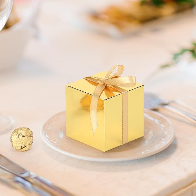 EUSOAR Candy Boxes Party Favors, 60pcs 3x3x3 Inches Gold Macaron Boxes Small Gift Box with Ribbon, Cube Thank You Gifts Box Macaron Mini Muffins Container for Wedding Bridal Party Favor Decorations