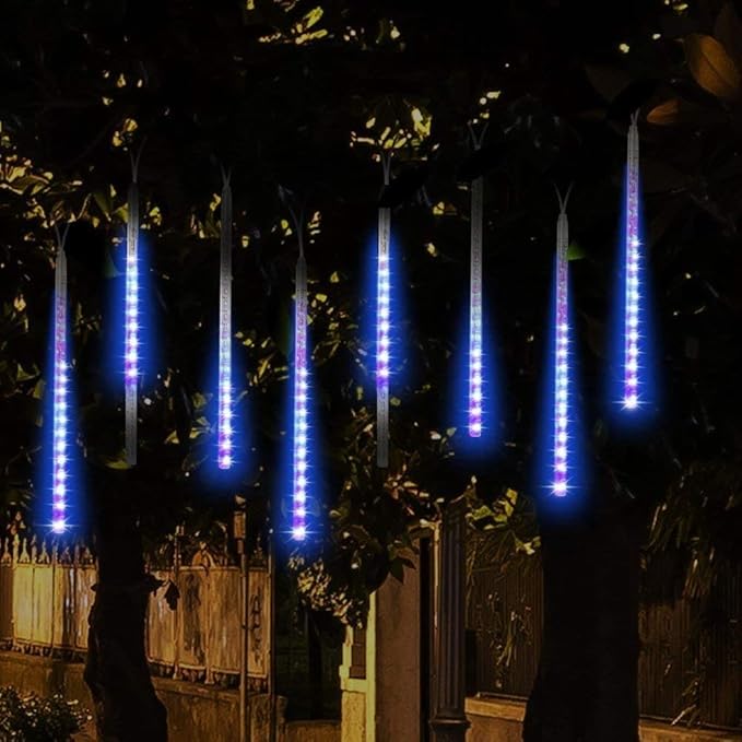 Meteor Shower Lights Outdoor Christmas Lights UL Certified Falling Rain Drop Snowfall Icicle Cascading String Light for Xmas Holiday Tree Wedding Party Garden Decor Blue, 12 Inch 8 Tubes