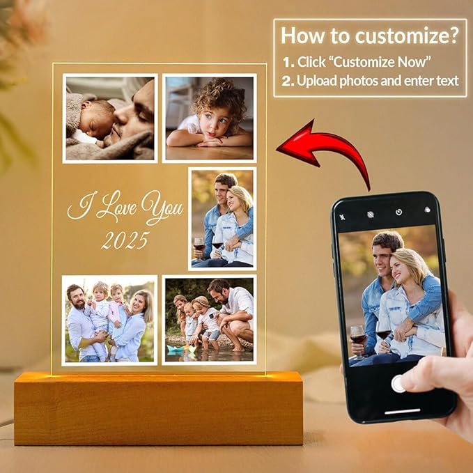 Custom Picture Frames with Photo, Customized Photo Frame with Night Light, Personalized Photo Frame, Personalized Birthday Gifts for Women Men Kid Baby Family Friend