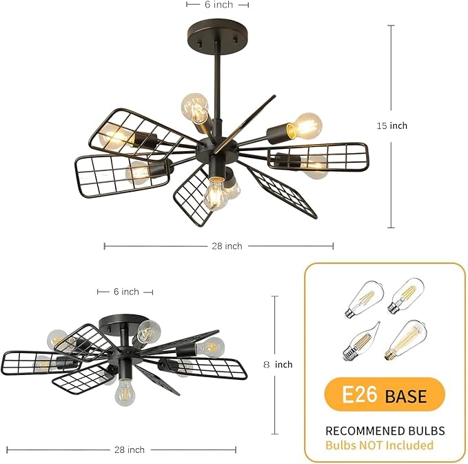 Modern Farmhouse Chandelier,28 Inch Black Metal Geometry Rustic Vintage Semi Flush Mounted Ceiling Light Fixture for Dining Room Bedroom Kitchen Island Hallway Foyer Entryway(7-Light)
