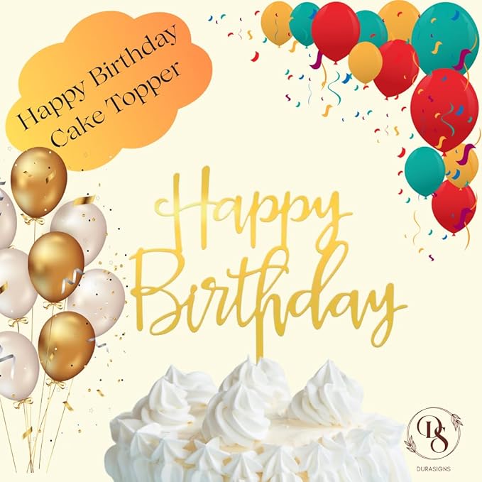Premium Acrylic Happy Birthday Cake Topper Gold, Mirror Finish, 6x6 Inches, 2.5mm Thick, Handmade Decorative Party Celebration Topper with Protective Film Perfect Keepsake