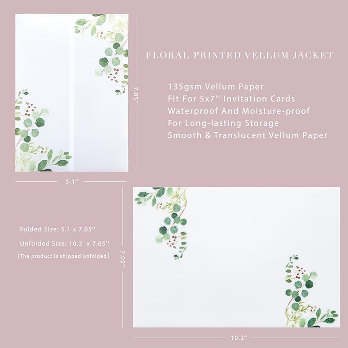 PONATIA 50 PCS Vellum Jackets for 5x7 Invitation Cards- 135GSM Green Eucalyptus Vellum Sleeves, Wedding Invitations Wraps Transparent Christmas Gift Cards Jackets