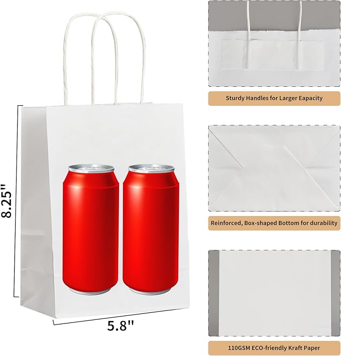 METAPRINT 100 Pack Paper Gift Bags with Handles in Bulk, 5.8x3.2x8.25 Inch Small White Kraft Paper Bag for Birthday Party Favors Grocery Retail Shopping Business Goody