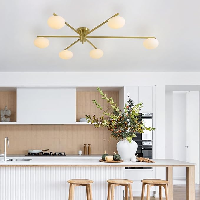 6-Lights Gold Sputnik Chandelier Modern Ceiling Light Fixtures Retro Glass Ceiling Lamp Industrial Semi Flush Mount Lights for Kitchen Living Room Dining Room MCL01-6 GD