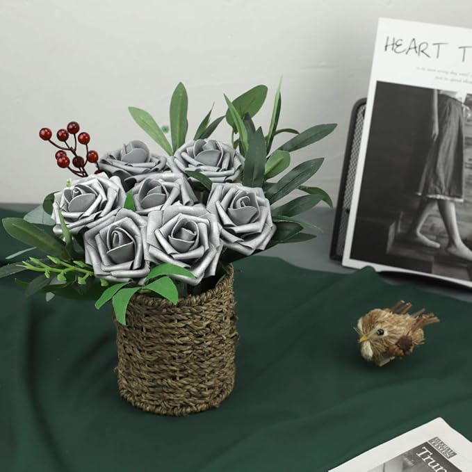 N&T NIETING Artificial Flowers, Fake Flowers Roses Perfect for DIY Wedding Bridal Bouquets Centerpieces Bridal Shower Party Home Flower Arrangement Decorations, 25Pcs, Silver Gray