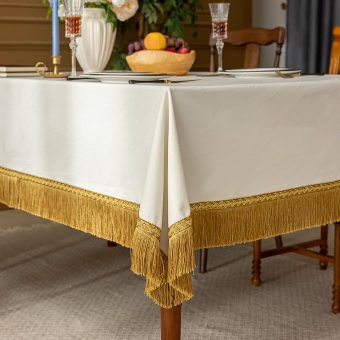 F-CHU White Tablecloth Thickset Velvet Tablecloth with Beautiful Gold Tassels Vintage Table Cloth for Home Decor Wedding, Party, Banquet and Events 60x120-Inch