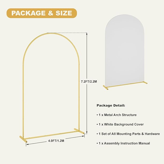 UDEAR 7.2FT Metal Arch Stand with White Cover, Arc Design with Fitted Cover, for Weddings, Parties, Baby Showers, Climbing Plants, Photo Backdrops
