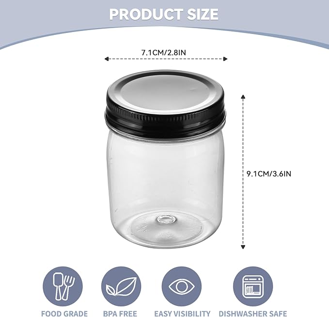 novelinks 8 oz Clear Plastic Jars with Screw-On Lids - BPA-Free Refillable Storage Containers for Slime, Spices, Crafts, Kitchen & Home Organization (48 Pack,Black)