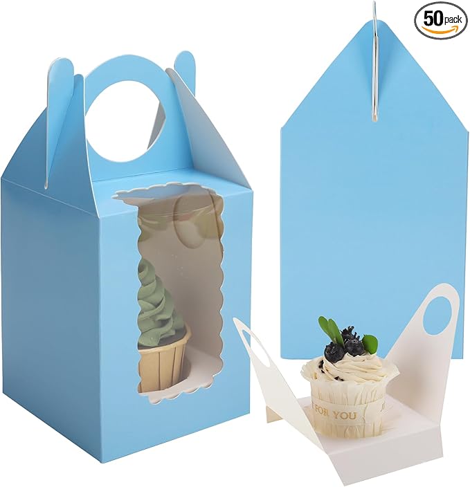 Individual Cupcake Boxes 4x4x5 Inches Disposable Pastry Tray Boxes, With Window Insert and Handle, Perfect for Parties, Birthdays, Bakery Wrapping and Events Containers (Blue-50Pack)
