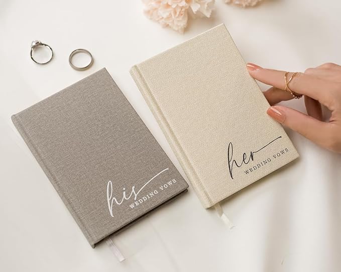 His & Her Wedding Hardcover Vows Books (Set of 2) - 5.75 x 5 Minimalist Pocket Sized Embossed Wedding Ceremony Vow Renewal Speech Notebook Journal