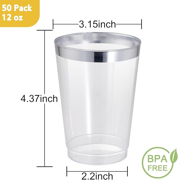 I00000 50 Pack 12 oz Silver Rimmed Disposable Cups, Heavy Duty Plastic Tumblers for Party