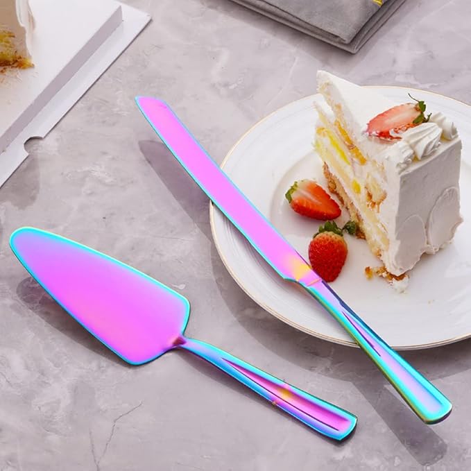 GoGeiLi Rainbow Cake Knife and Server Set, Colorful Stainless Steel Cake Cutting Set for Wedding, Birthday, Parties