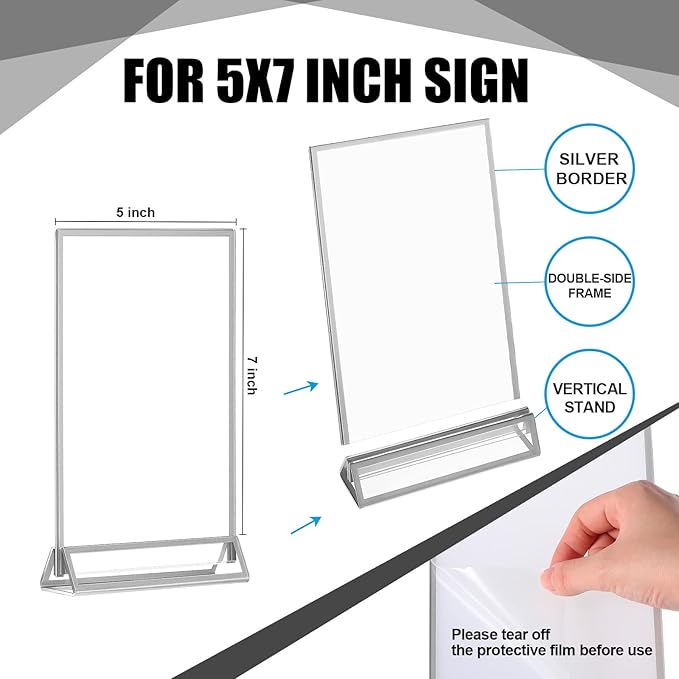 Blulu 12 Pack Acrylic Sign Holder Double Sided Picture Frame Wedding Table Number Stands with Border and Vertical Clear Display Menu Holders for Wedding Party Restaurant(5 x 7 Inch,Silver)