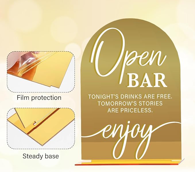 Acrylic Wedding Sign, Bridal Shower Decorations, Open Bar Sign for Ceremony, Modern Font Table Signs, Gold Mirror Arched Acrylic Tabletop Signs for Wedding Reception and Event Party